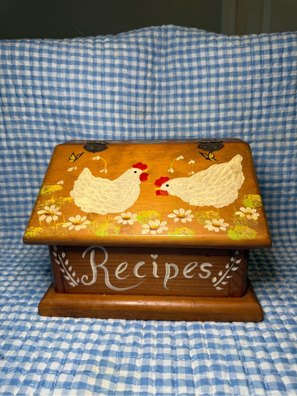 Vintage Hand-Painted Chicken Wooden Recipe Box